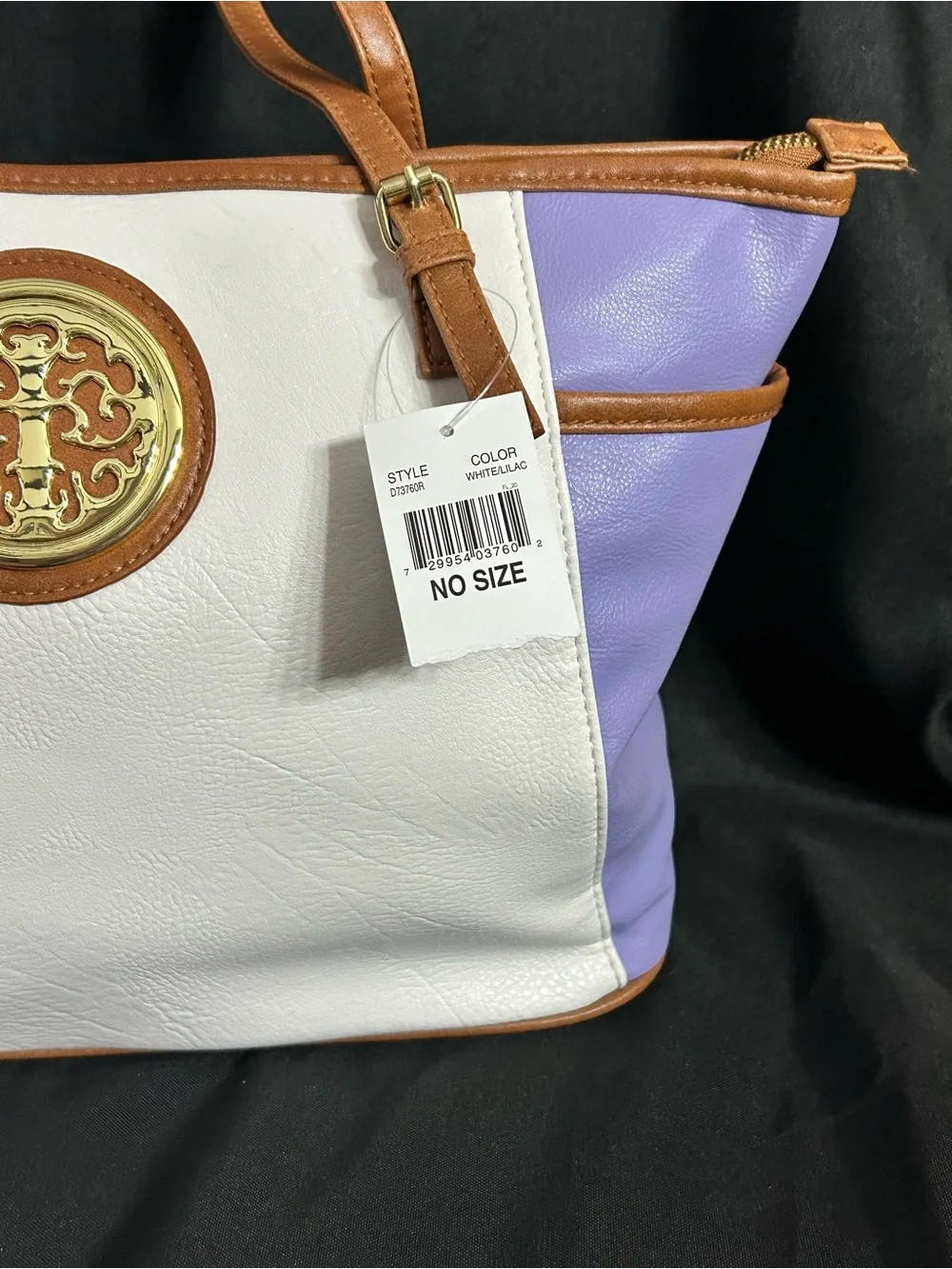 Women’s White & Lavender Tote Bag with Brown Trim & Gold Accent NWT